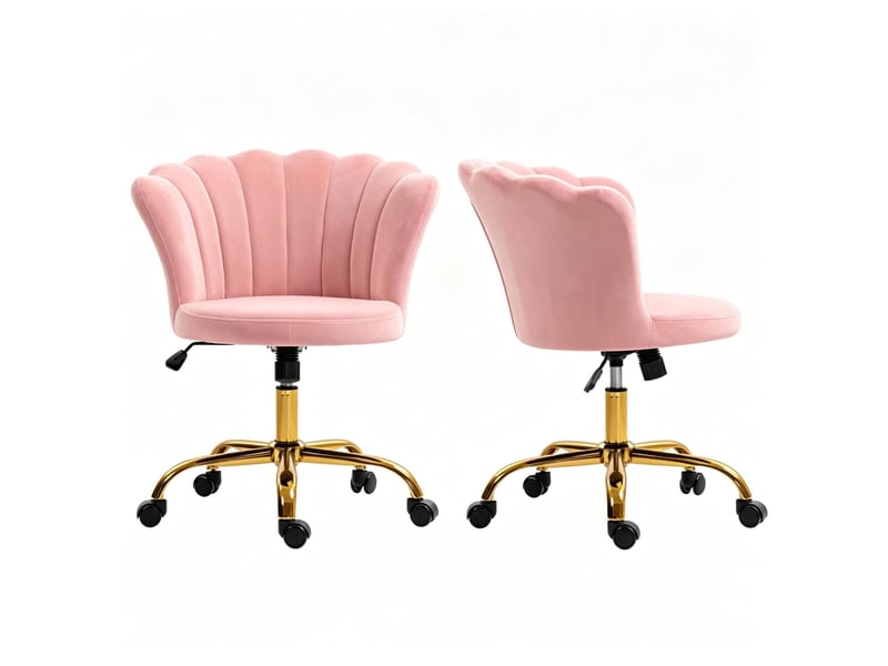 Chaise de bureau à roulettes réglable en hauteur, dossier pétale sans accoudoirs, en velours rose - Conforama A