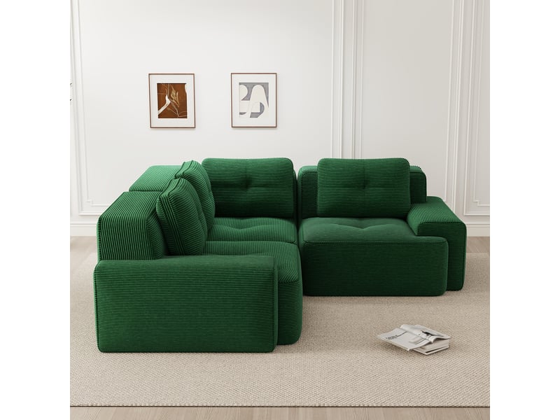  Canapé d'angle modulaire avec assise profonde et dossier enveloppant sans montage en tissu côtelé vert  - Conforama C