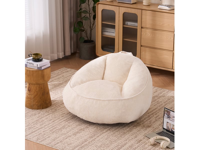 Fauteuil pouf avec dossier ergonomique et mousse à mémoire de forme, en velours côtelé beige, 90 × 90 × 59 cm  - Conforama B