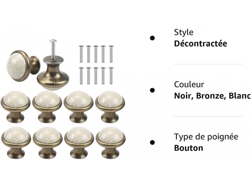  Poignée de porte de tiroir en céramique, 10 pièces, boutons de tiroir ronds de 34 mm, bouton de meuble vintage, bouton de porte, poignées de meuble  - Conforama C