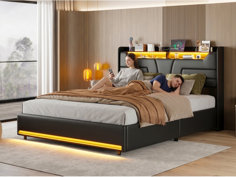  Lit 2 places 160x200 cm - éclairage led - prise électrique intégrée et sommier à lattes - noir  - Conforama E