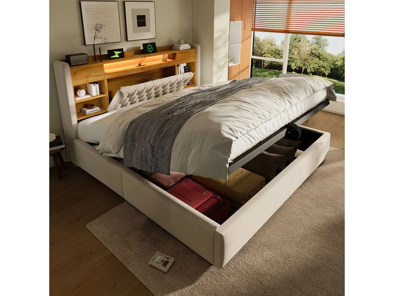  Lit coffre 160x200 cm rembourré avec coffre hydraulique, led, usbtype-c, tête de lit avec étagère et rangement, lin, beige Sol Morn - Conforama B