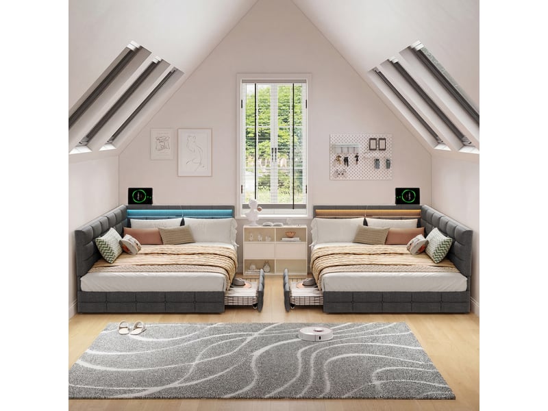  Lit 140x190 avec sommier, tête de lit en forme de l réglable, 2 tiroirs de rangement, led et ports usb, tissu en lin, gris  - Conforama B