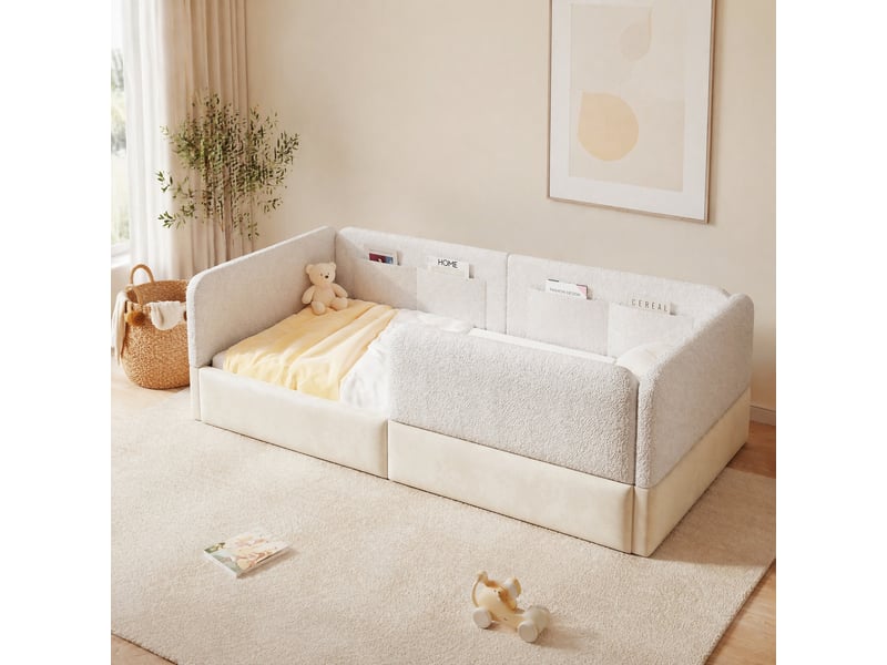 Lit simple 90x200 cm rembourré blanc avec barrières et 4 poches - Conforama B