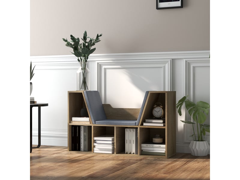  Bibliothèque banc 2 en 1 design contemporain 6 casiers 3 coussins fournis 102l x 30l x 61h cm chêne gris  - Conforama D
