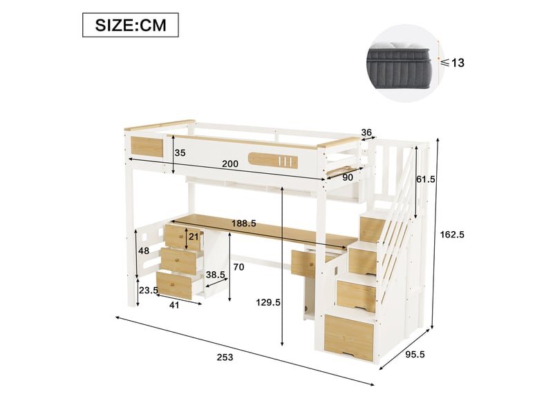 Lit mezzanine enfant 90 x 200 cm blanc et naturel avec bureau, tiroirs, escalier de rangement et étagère suspendue - Conforama E