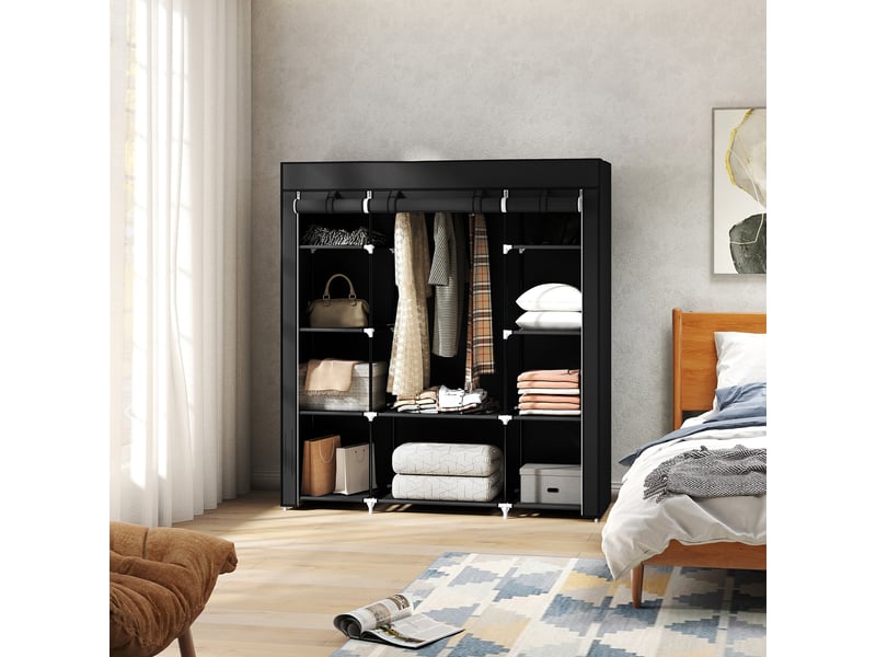  Armoire en tissu avec penderie, 10 étagères ouvertes, housse zippée et structure en acier, 150 x 43 x 162,5 cm, noire  - Conforama D
