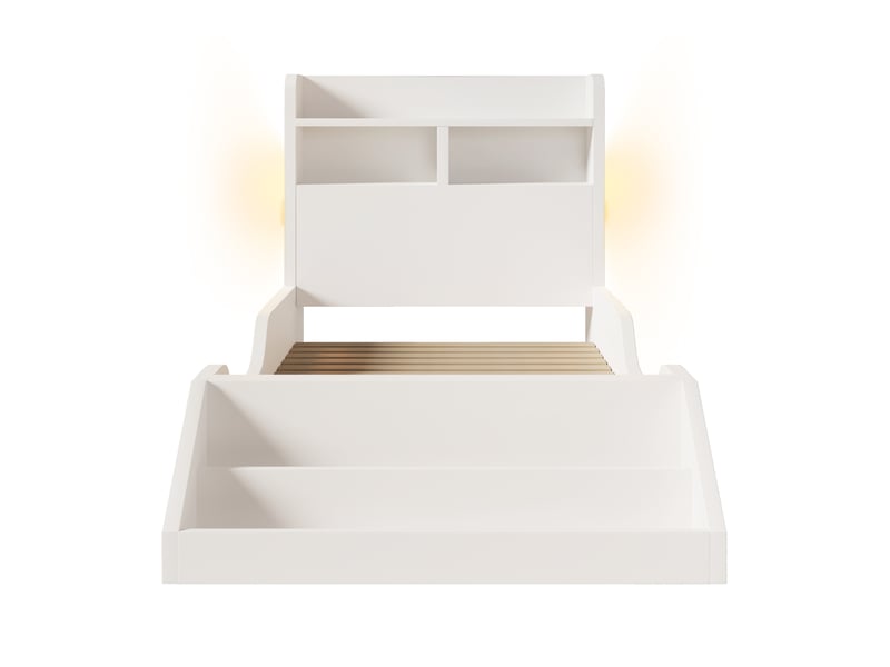 Lit enfant bois 90x200 cm, tablette et lampes chevet, étagère amovible, sommier lattes inclus, sans matelas, blanc - Conforama A