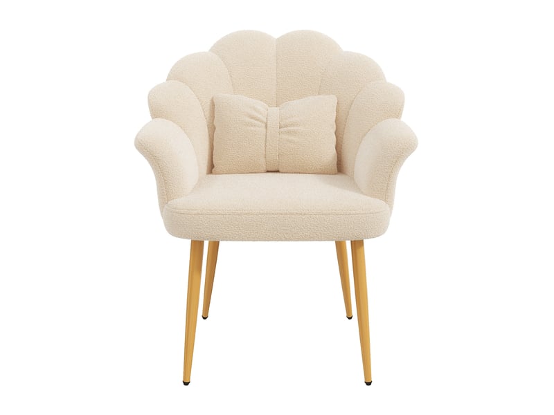  Fauteuil de salle à manger 64x65,5x85 cm, dossier pétale, coussin nœud, pieds en métal doré, tissu teddy beige  - Conforama A