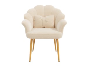 Fauteuil de salle à manger 64x65,5x85 cm, dossier pétale, coussin nœud, pieds en métal doré, tissu teddy beige
