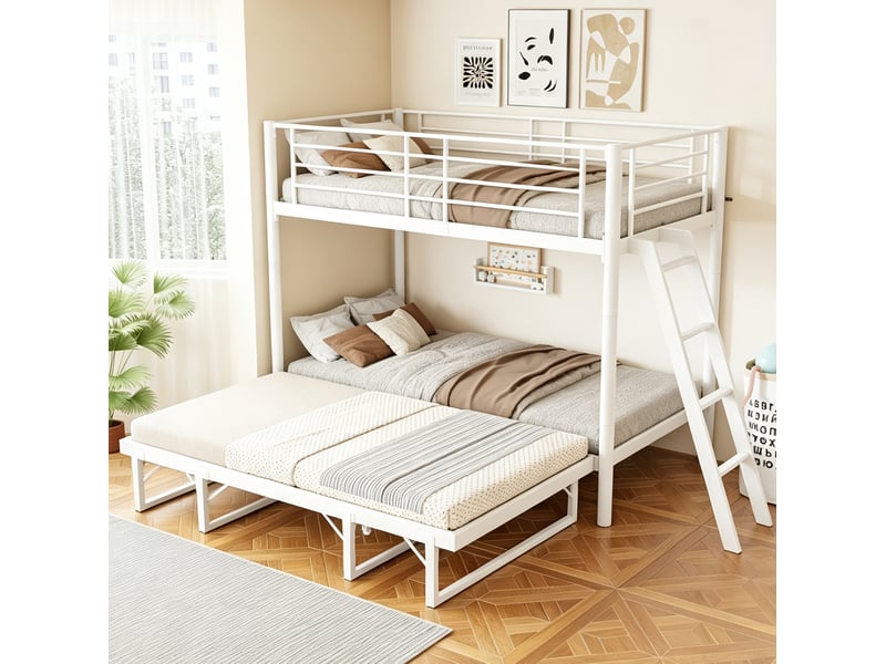 Lit superposé enfant 90x200 cm avec lit gigogne, en métal blanc, sans matelas - Conforama B