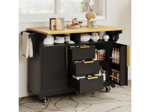 Îlot central de cuisine 120 x 4080 x 95 cm avec plateau extensible, 3 tiroirs et 2 portes, étagères et roulettes, noir