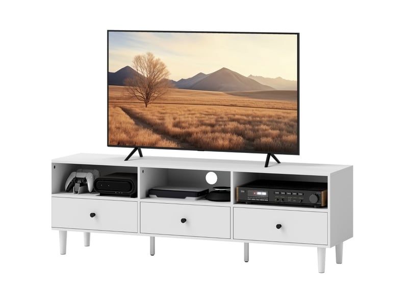  Meuble tv ulevr avec 3 tiroirs et 3 niches ouvertes, passe-câbles central, 140 x 34 x 45 cm, blanc, pour téléviseur jusqu’à 75 pouces  - Conforama A