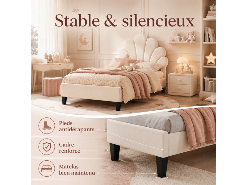 Lit enfant 90x200 avec sommier à lattes - lit rembourré 1 places avec tête de lit en forme de fleur - lit rembourré avec tête de lit florale réglable - 1 place - lit simple avec tête de lit fleur réglable en hauteur - 1 personne… - Conforama R