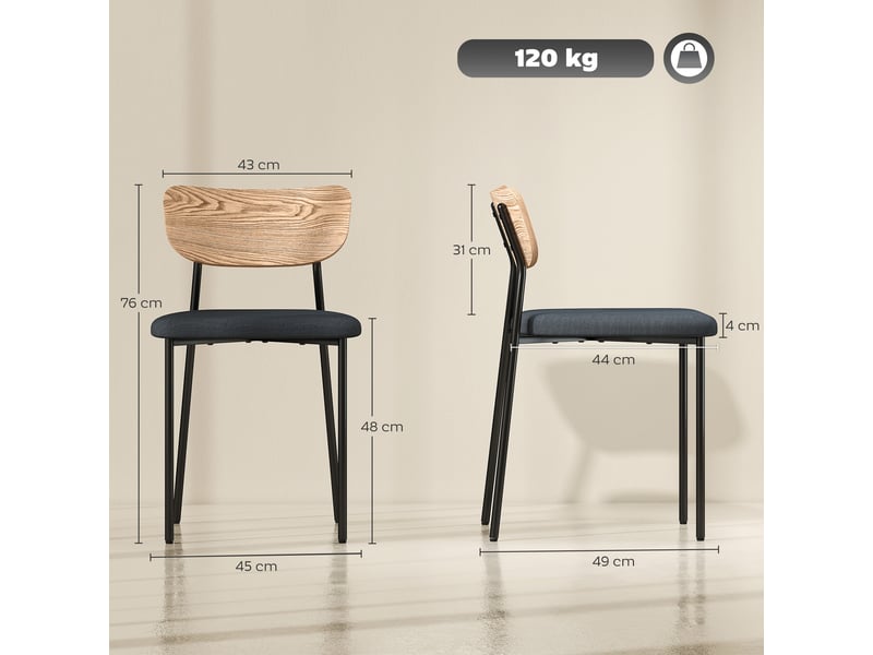  Lot de 2 chaises de salle à manger avec pieds en acier, gris et effet bois naturel, dossier incurvé et assise rembourrée  - Conforama C