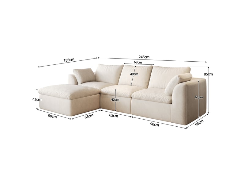  Canapé d'angle 4 places avec méridienne à gauche et assise en mousse, en tissu de lin blanc beige, 245 × 155 × 83 cm  - Conforama C