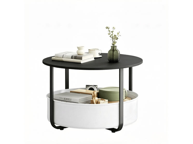  Table basse ronde avec panier de rangement - lpospi - pieds réglables, métal et toile, noir, ø 80 × h 50 cm  - Conforama A