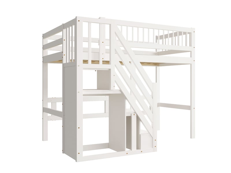  Lit mezzanine 90x200 cm en bois massif blanc, escalier avec rangement et barrières hautes  - Conforama E