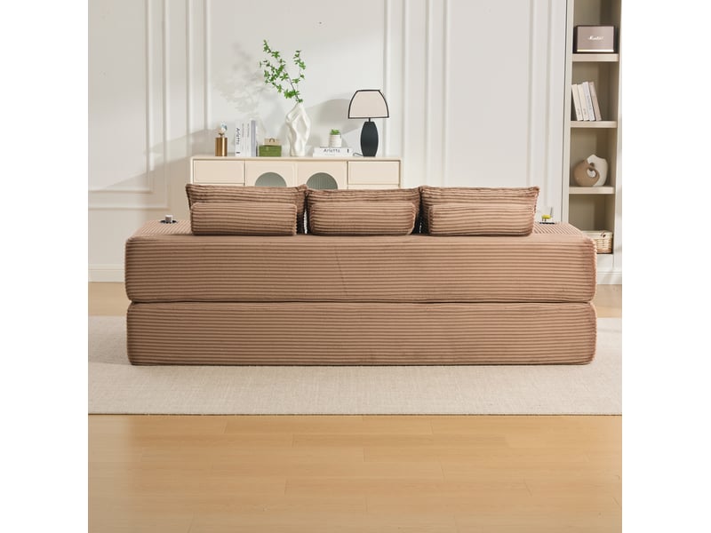  Canapé convertible 3 places avec couchage, poches latérales, porte-gobelets et coussins en velours côtelé marron  - Conforama D