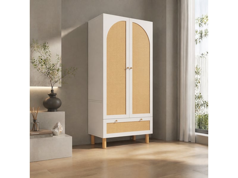 Armoire 2 portes avec grand tiroir, penderie et étagères réglables, style campagne, blanche, 85,5 × 52 × 180,5 cm - Conforama B
