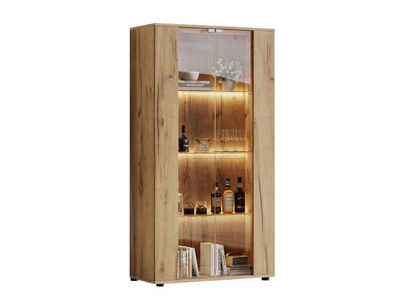  Vitrine naturel, verre, 80 × 36 × 150 cm, 2 portes vitrées, 4 étagères et éclairage led pour salon et séjour moderne  - Conforama A