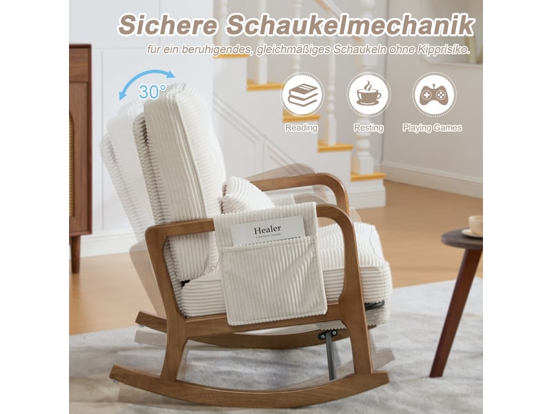  Fauteuil à bascule 70x80x92 cm - avec repose-pieds escamotable, dossier inclinable et coussin lombaire en velours côtelé - beige  - Conforama D