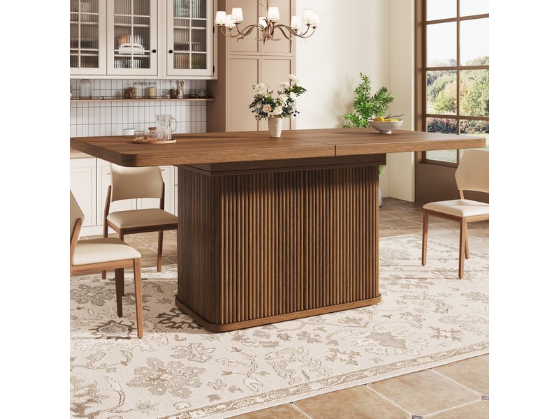  Table de salle à manger extensible avec rangement caché et 2 portes, mdf marron foncé, 140 × 80 × 76,5 cm  - Conforama E