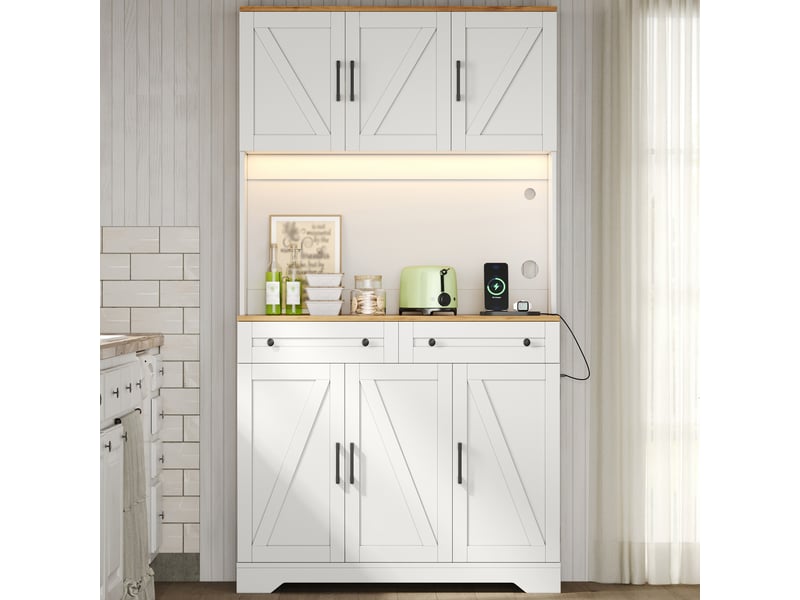  Armoire de cuisine haute 100x40x180 cm, meuble de rangement avec led rgb, prises électriques, portes de grange, naturel et blanc  - Conforama W