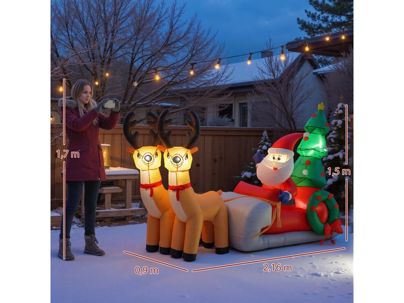  Père noël gonflable avec traîneau et rennes de noël gonflables avec lumières led pour une utilisation intérieure et extérieure 216 x 90 x 150 cm  - Conforama E