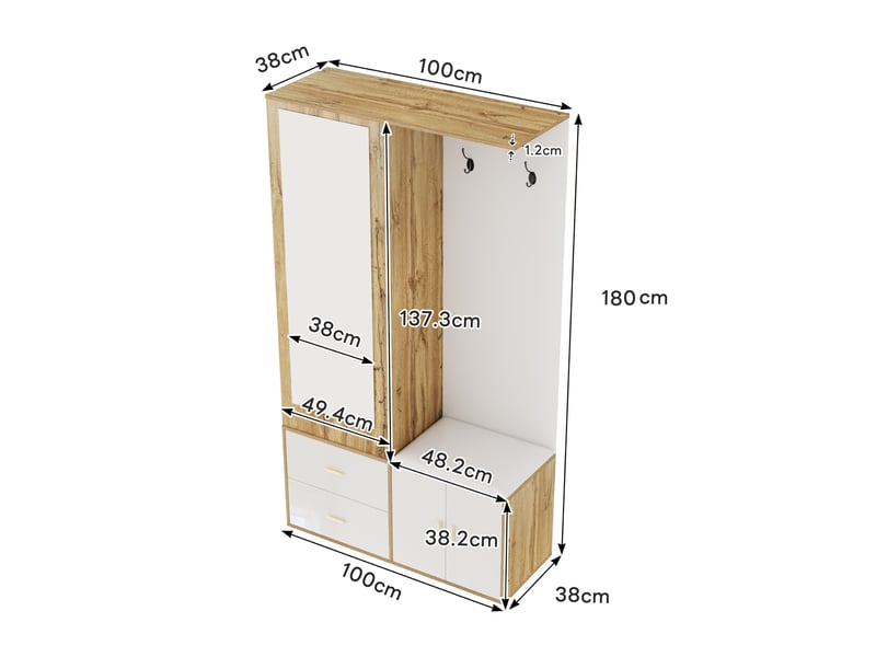 Meuble d'entrée avec miroir, tiroir, range-chaussures, banquette et tringle coulissante, bicolore, 100 × 38 × 180 cm - Conforama D
