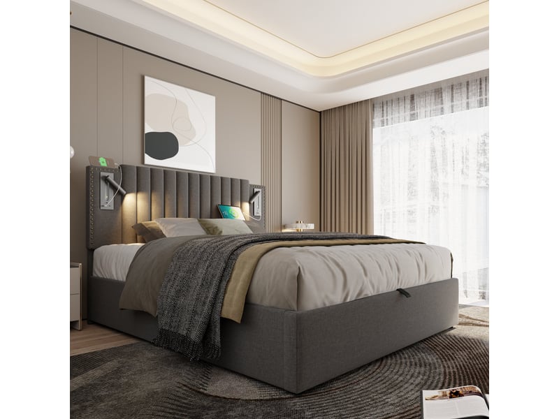 Lit coffre 160x200cm, lampe de lecture avec charge usb, design de clous sur le dossier, incluant un matelas, coton, gris - Conforama R