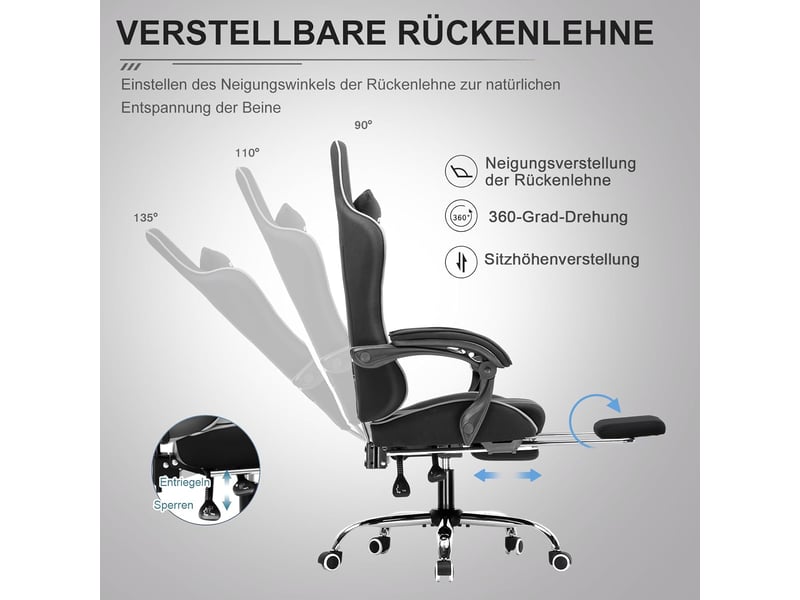  Gtplayer chaise de jeu ergonomique avec repose-pieds, réglable en hauteur - tissu noir GT800A-BLK-FA - Conforama D