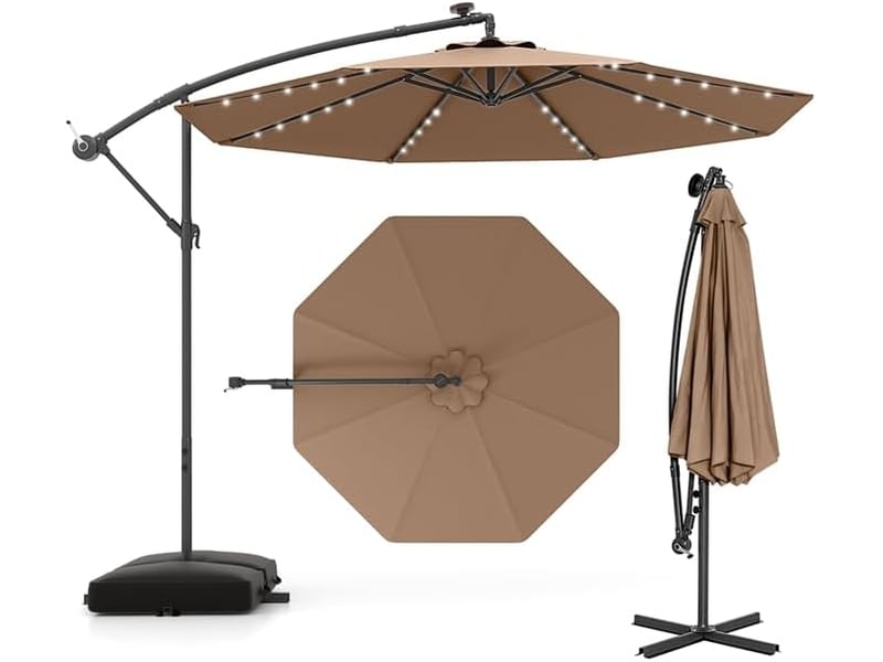  Parasol de jardin extérieur avec pied, parasol déporté 3,5x3,5m, avec 40 lampes solaires, toile inclinable, manivelle, 8 baleines, anti-uv (marron)  - Conforama A
