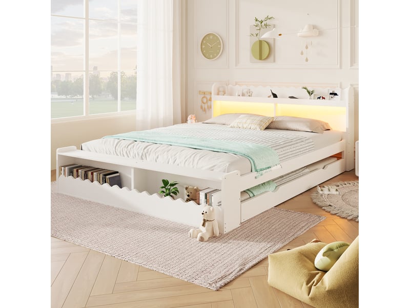  Lit 140x200 cm avec lit gigogne 90x190 cm, rangements et led, blanc  - Conforama B