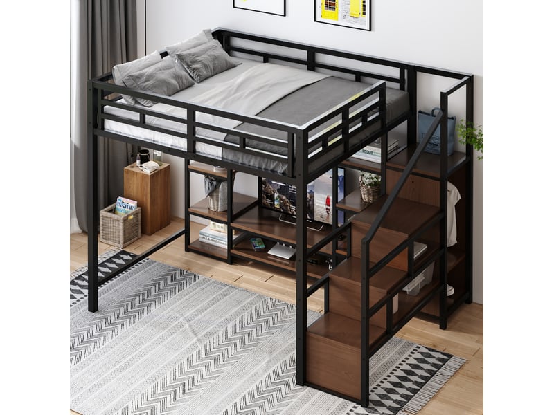  Lit mezzanine 140 × 200 cm 2 places avec meuble tv, prise, échelle de rangement, sans matelas, métal noir  - Conforama C