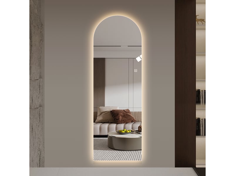  Miroir sur pied - 150x50 cm - miroir en pied arqué avec led rétroéclairé, variateur d'intensité et verre de sécurité - argenté  - Conforama B