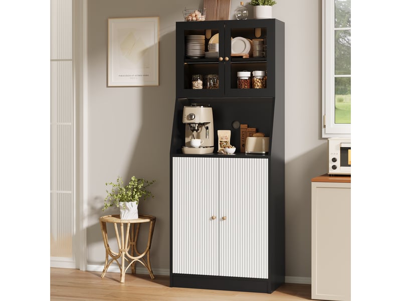  Meuble de rangement buffet vaisselier avec led - 70 x 40 x 180 cm - noir et blanc - étagère vitrine polyvalente avec portes et niches  - Conforama D