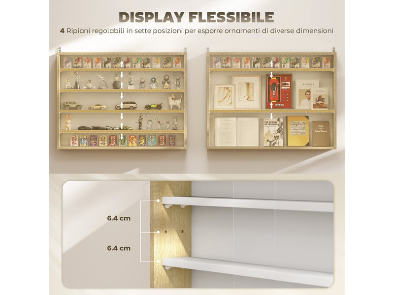  Tableau d'affichage en bois réglable à 4 niveaux avec portes vitrées, 80 x 9,5 x 60 cm, blanc et bois  - Conforama D