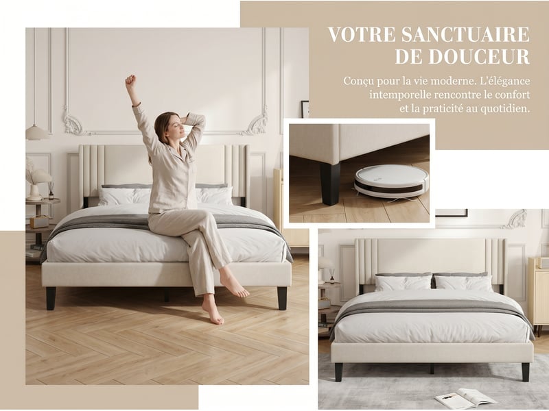 Lit coffre 140 x 200 cm - tissu gris - led rgb, usb et rangement  - Conforama E
