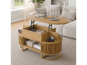 Table basse ovale relevable 100x50x64 cm avec rangement caché, 2 portes coulissantes rainurées, niche, piètement métal doré, mdf effet bois naturel