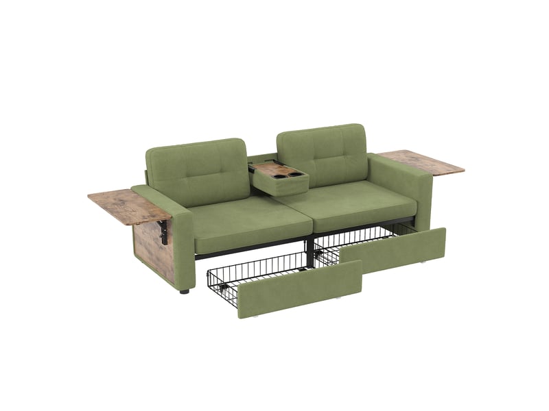  Canapé droit 2 places avec 2 tiroir et assise réglable, table pc et porte-gobelets, canapé de salon moderne en tissu, chenille vert  - Conforama A