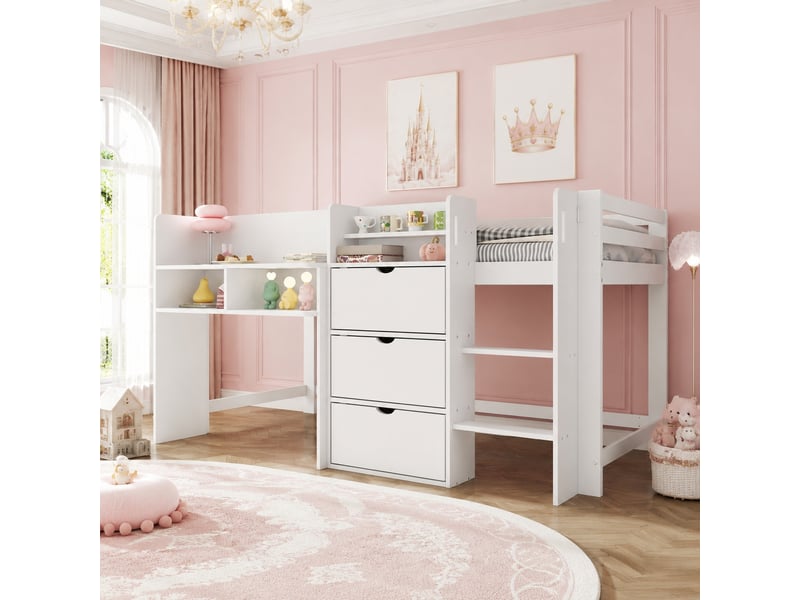 Lit mi-hauteur enfant 90 x 200 cm blanc avec rangements et espace bureau  - Conforama D