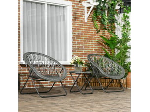 Salon de jardin pliant 3 pièces gris en rotin synthétique, 2 fauteuils et table ronde pour balcon et terrasse