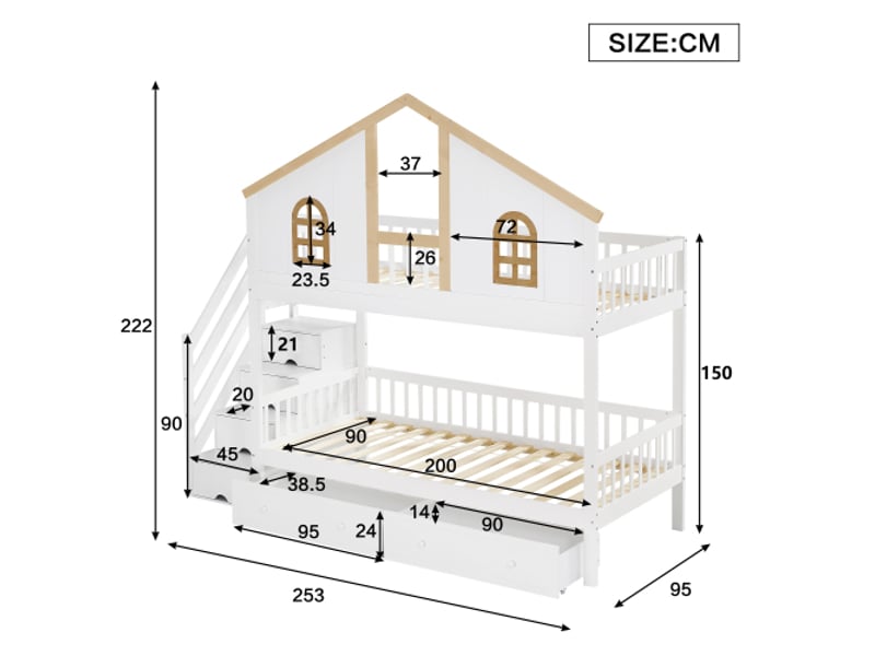Lit superposé 90x200 cm, lit enfant, fenêtre, 2 tiroirs à roulettes, échelle inclinée 4 niveaux avec tiroirs, blanc et naturel - Conforama C