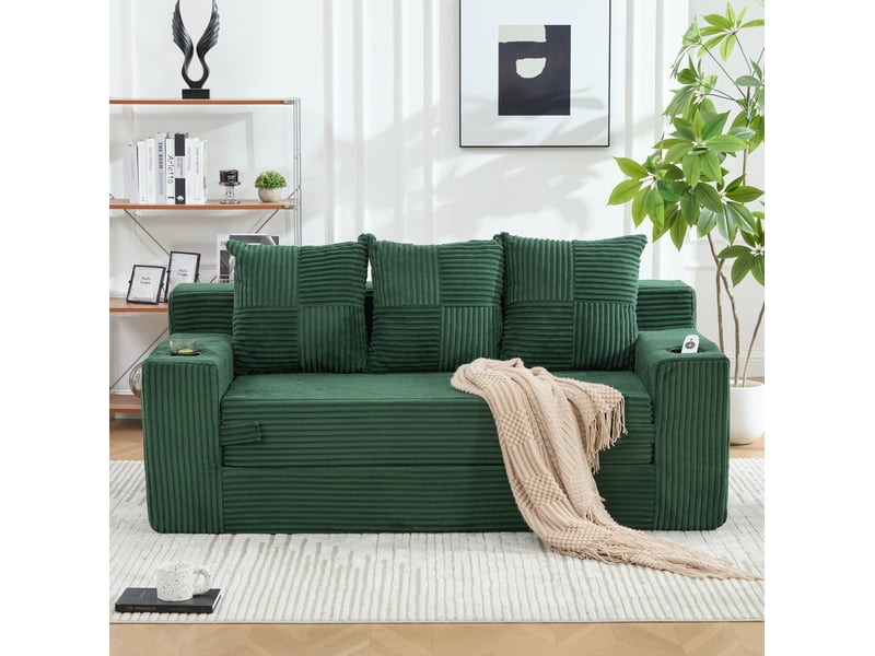 Canapé modulaire 2 places sans cadre avec porte-gobelets et poches latérales, assise en mousse, en velours côtelé vert émeraude - Conforama C