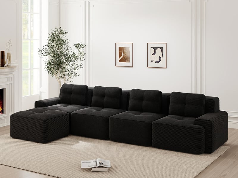  Canapé modulable 4 places avec méridienne en velours côtelé noir, sans montage  - Conforama B