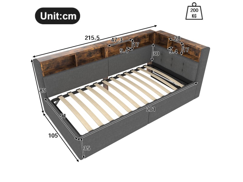 Lit banquette 90x200 cm gris en lin avec rangement, led et ports usbtype-c - Conforama C