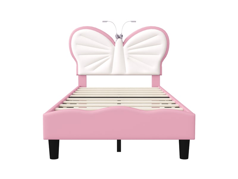  Lit simple 90x200 cm, lit enfant capitonné avec lampe de lecture, tête de lit papillon réglable et sommier, velours, rose et blanc  - Conforama A
