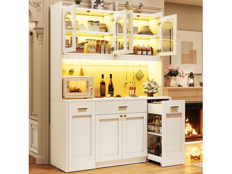  Buffet de cuisine 120 cm avec led rgb, 3 vitrines en verre, tiroirs et rangements coulissants, blanc  - Conforama B