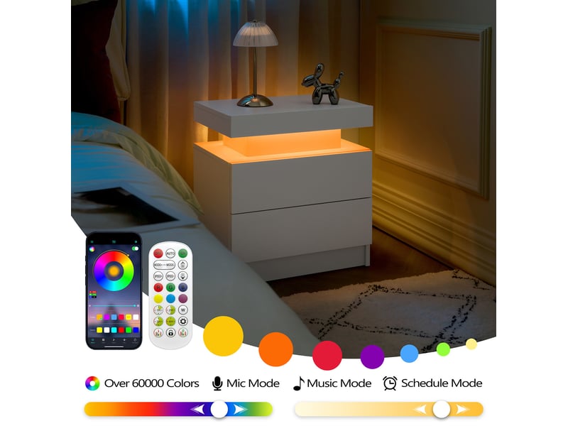  Lot de 2 tables de chevet led 50x36x53 cm – blanc – 2 tiroirs et lumière multicolore réglable, style moderne  - Conforama D